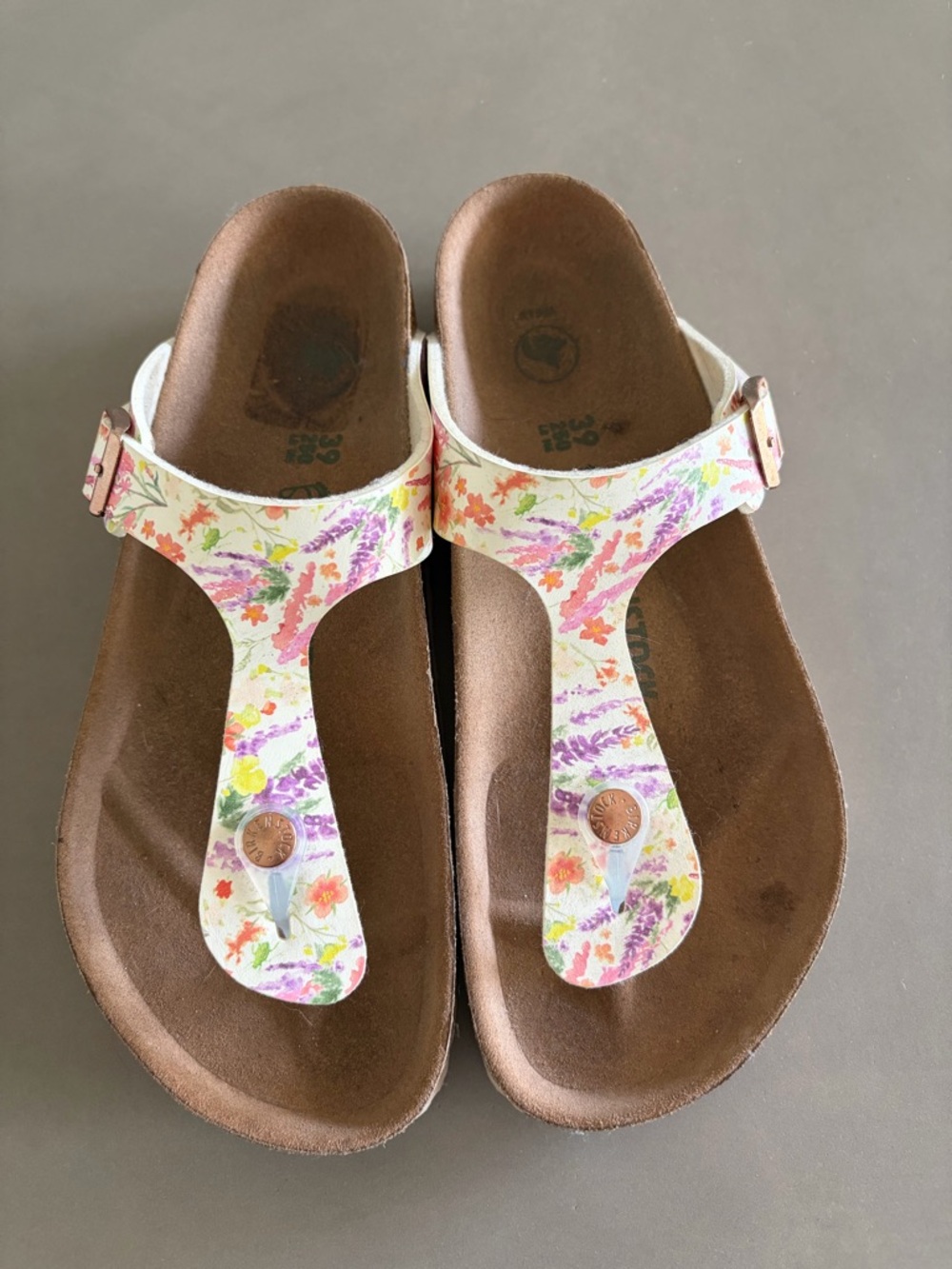 Birkenstock White Floral T-Strap Sandals with Multicolor Print